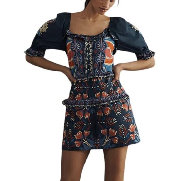 FARM Rio Pants - Farm Rio x Anthropologie Puff-Sleeve Ruffled Floral Romper, Picnic, Size M, NWT